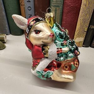 Fitz and Floyd Lodge Rabbit Blown Glass Ornament Bunny Hugging Christmas Tree